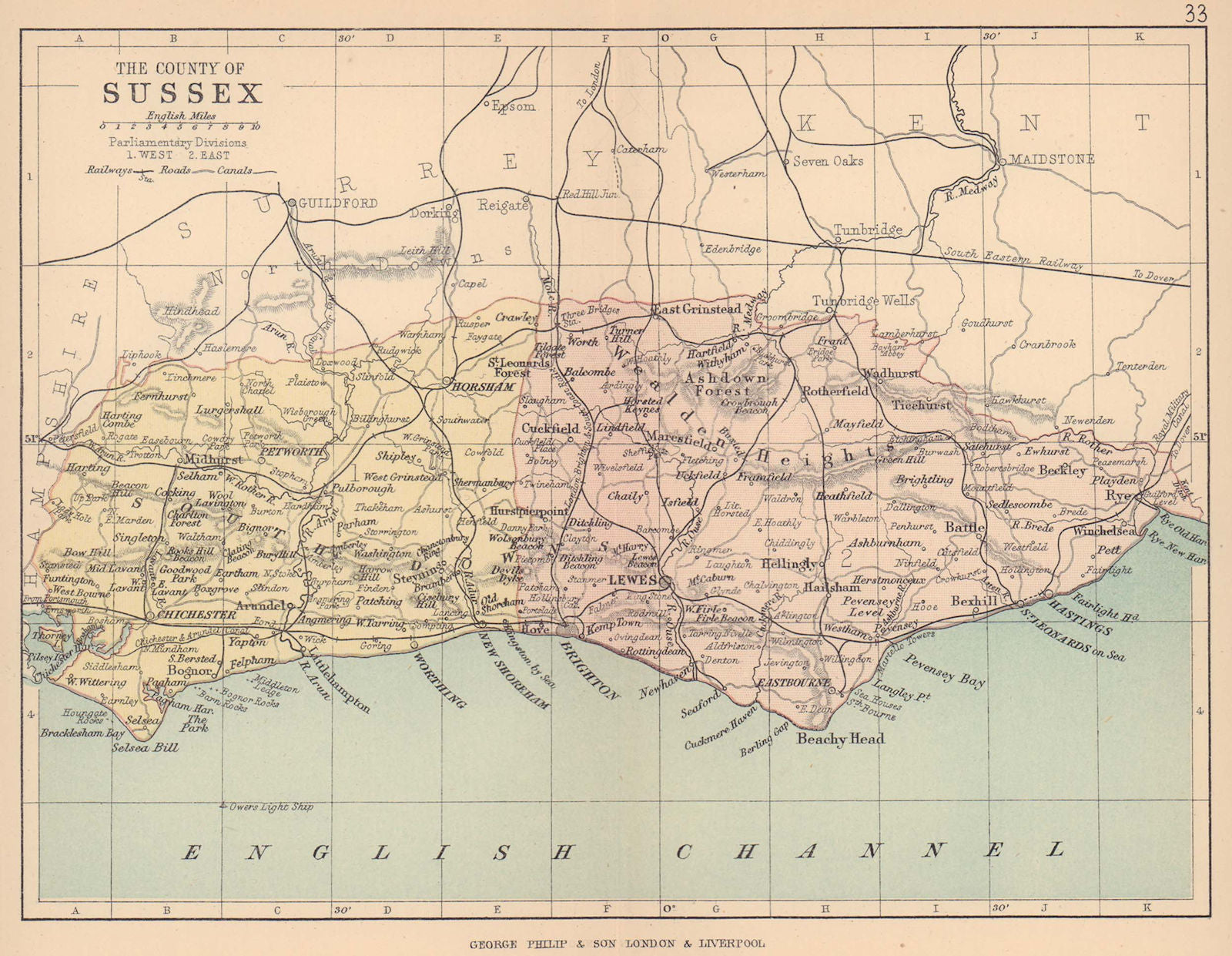 SUSSEX. Antique county map. Railways roads canals. Constituencies. PHILIP 1885